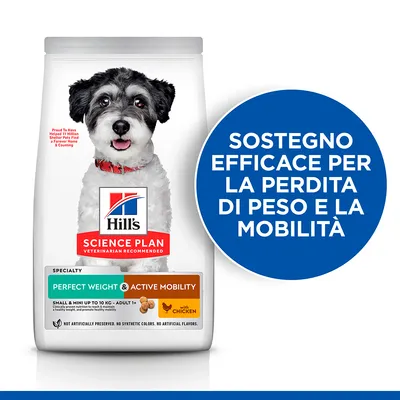 Hill's Science Plan Perfect Weight & Active Mobility con pollo per cani piccoli fino a 10 kg. Testo: Sostegno efficace per la perdita di peso e la mobilità.