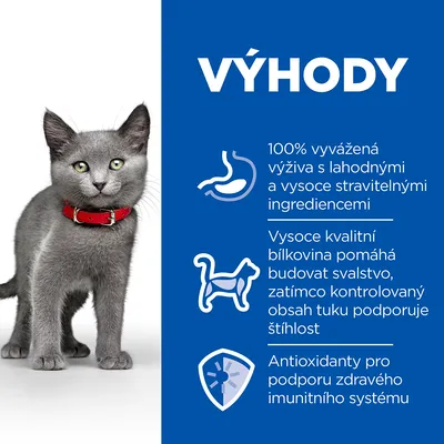 VÝHODY: 100% vyvážená výživa s lahodnými a vysoce stravitelnými ingrediencemi, kvalitní bílkovina pro svalstvo, kontrolovaný tuk pro štíhlost, antioxidanty pro imunitu.