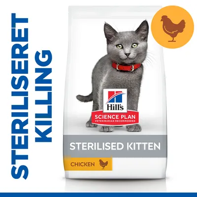 Hill's Science Plan Sterilised Kitten, Chicken. Tekst: STERILISERET KILLING. Billede af kat og kyllingesymbol på posen.