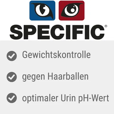 SPECIFIC. Gewichts­kontrolle, gegen Haarballen, optimaler Urin pH-Wert. Texte en allemand.