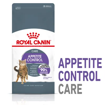 Royal Canin Care Appetite Control kissanruokapakkaus, teksti: PROVEN RESULTS 90% OF OWNERS REPORTED CONTROLLED BEGGING IN 4 WEEKS, ADAPTED PROTEIN & FAT, L-CARNITINE