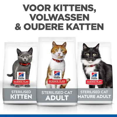 Hill's Science Plan kattenvoer: Sterilised Kitten, Sterilised Cat Adult en Sterilised Cat Mature Adult. Tekst bovenaan: Voor kittens, volwassen & oudere katten.
