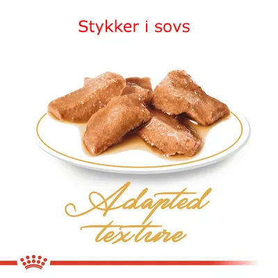 Stykker i sovs på tallerken, tekst: Adapted texture