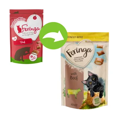 Image showing packaging change for Feringa Crunchy Bites with Beef, highlighting new design and grain-free recipe for adult pets.