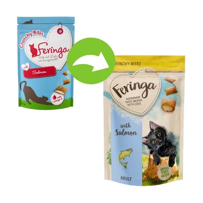 Packaging change for Feringa Crunchy Bites with salmon, showing old and new designs. Both packs highlight salmon flavour and product is suitable for adults.