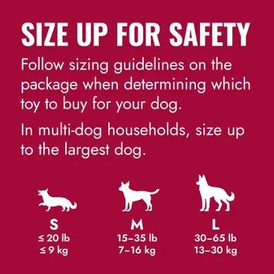 Storleksrekommendation för hundleksaker: S upp till 9 kg, M 7–16 kg, L 13–30 kg. I hushåll med flera hundar, välj storlek efter den största hunden.