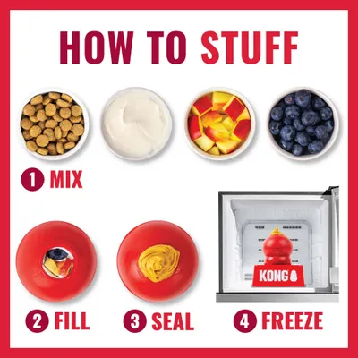 Instruktioner: 1. Blanda ingredienserna, 2. Fyll leksaken, 3. Förslut öppningen, 4. Frys den fyllda leksaken. Steg-för-steg-bild med ingredienser och röd KONG-leksak.