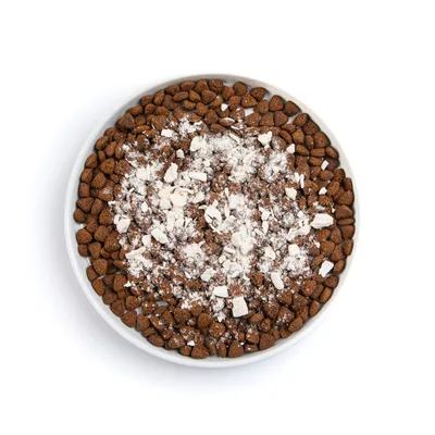 Bowl filled with brown dry kibble topped with white powder and chunks, showing a serving suggestion or product usage example.