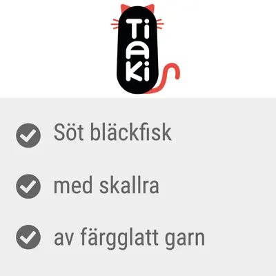 Tiaki. Söt bläckfisk, med skallra, av färgglatt garn.