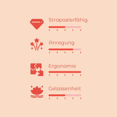 Bewertungsskala mit vier Kriterien: Strapazierfähigkeit, Anregung, Ergonomie und Gelassenheit. Skala von 1-5 für jedes Kriterium sichtbar.