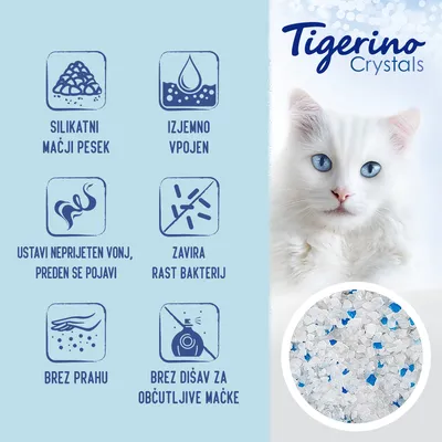 Tigerino Crystals silikatni mačji pesek: izjemno vpojen, ustavi neprijeten vonj, zavira rast bakterij, brez prahu, brez dišav za občutljive mačke. Prikaz videza peska.