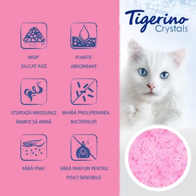 Tigerino Crystals. Nisip silicat roz, foarte absorbant, stopează mirosurile înainte să apară, inhibă proliferarea bacteriilor, fără praf, fără parfum pentru pisici sensibile.