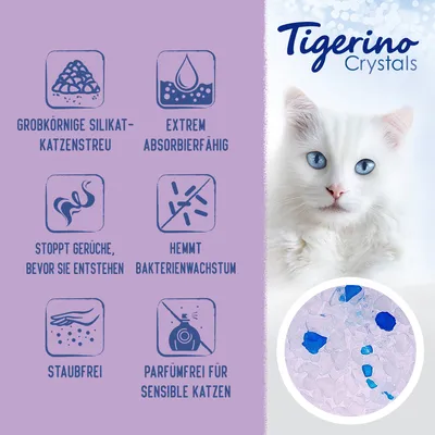 Tigerino Crystals. Texte en allemand : litière silicate gros grains, très absorbante, stoppe les odeurs, freine la croissance bactérienne, sans poussière, sans parfum pour chats sensibles.