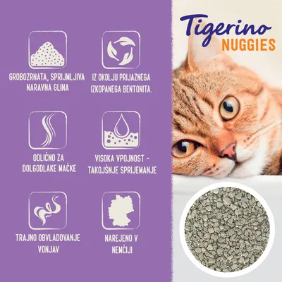 Tigerino Nuggies. Grobozrnata, sprijemljiva naravna glina. Iz okolju prijaznega izkopanega bentonita. Odlično za dolgodlake mačke. Visoka vpojnost. Trajno obvladovanje vonjav. Narejeno v Nemčiji.