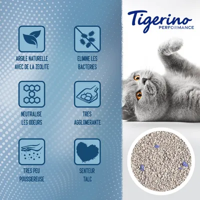Tigerino Performance. Argile naturelle avec de la zéolite, élimine les bactéries, neutralise les odeurs, très agglomérante, très peu poussiéreuse, senteur talc. Photo d’un chat et litière.