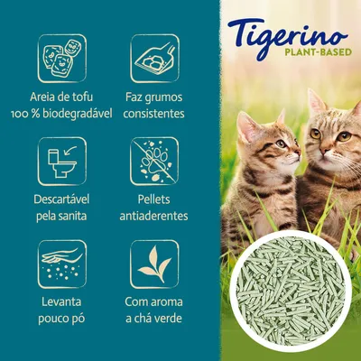 Tigerino Plant-Based. Areia de tofu 100 % biodegradável, faz grumos consistentes, descartável pela sanita, pellets antiaderentes, levanta pouco pó, com aroma a chá verde.