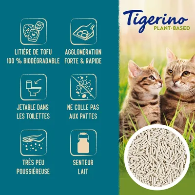 Tigerino Plant-Based litière de tofu 100 % biodégradable, agglomération forte et rapide, jetable dans les toilettes, ne colle pas aux pattes, très peu poussiéreuse, senteur lait.