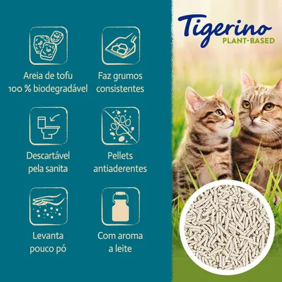 Tigerino Plant-Based. Areia de tofu 100 % biodegradável, faz grumos consistentes, descartável pela sanita, pellets antiaderentes, levanta pouco pó, com aroma a leite.