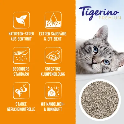 Tigerino Premium. Naturton-Streu aus Bentonit, extrem saugfähig & effizient, besonders staubarm, sofortige Klumpenbildung, starke Geruchskontrolle, mit Mandelmilch- & Honigduft.