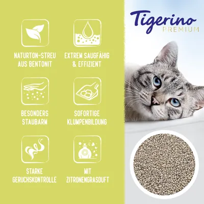 Tigerino Premium. Naturlton-Streu aus Bentonit, extrem saugfähig und effizient, besonders staubarm, sofortige Klumpenbildung, starke Geruchskontrolle, mit Zitronengrasduft.