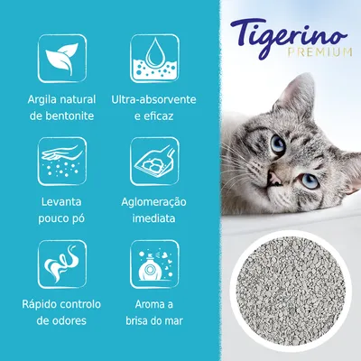 Tigerino Premium. Argila natural de bentonite, ultra-absorvente e eficaz, levanta pouco pó, aglomeração imediata, rápido controlo de odores, aroma a brisa do mar.