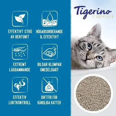 Tigerino Premium kattsand: effektiv av bentonit, högabsorberande, extremt dammfri, bildar klumpar omedelbart, effektiv luktkontroll, doftfri för känsliga katter. Tigerino Premium kattsand: effektiv av bentonit, högabsorberande, extremt dammfri, bildar klumpar omedelbart, effektiv luktkontroll, doftfri för känsliga katter.