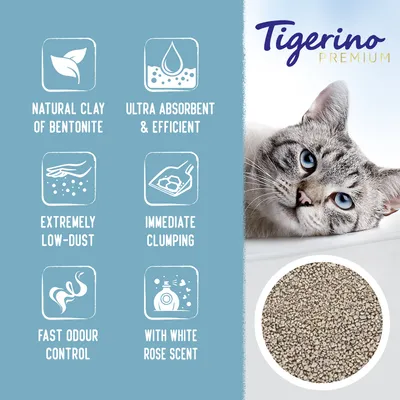Tigerino Premium kattenbakvulling, zichtbare korrels. Engelstalige claims: natural clay of bentonite, ultra absorbent & efficient, extremely low-dust, immediate clumping, fast odour control, with white rose scent.