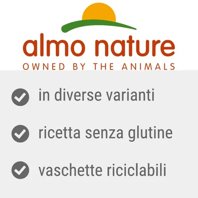 almo nature OWNED BY THE ANIMALS, in diverse varianti, ricetta senza glutine, vaschette riciclabili