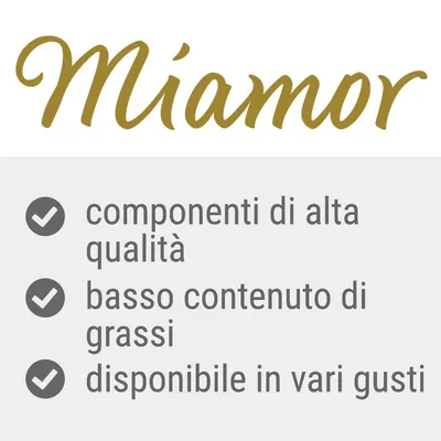 Miamor: componenti di alta qualità, basso contenuto di grassi, disponibile in vari gusti.
