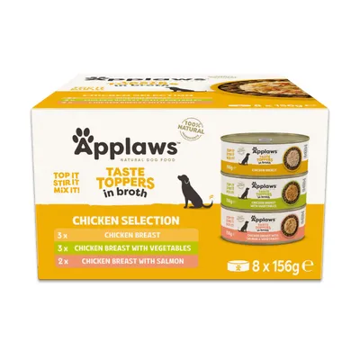 Applaws Taste Toppers v juhi, Piščančja izbira: 3x piščančje prsi, 3x piščančje prsi z zelenjavo, 2x piščančje prsi z lososom, 8 konzerv po 156 g, 100 % naravno.