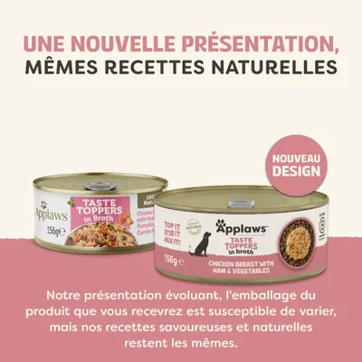 Applaws Taste Toppers en bouillon, nouveau design, mêmes recettes naturelles. L'emballage peut varier, la recette reste inchangée. Applaws Taste Toppers en bouillon, nouveau design, mêmes recettes naturelles. L'emballage peut varier, la recette reste inchangée.