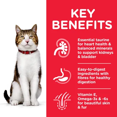 Key Benefits: Essential taurine for heart health & balanced minerals to support kidneys & bladder, easy-to-digest ingredients with fibres for healthy digestion, vitamin E, Omega-3s & -6s for beautiful skin & fur. Κείμενο στα αγγλικά.