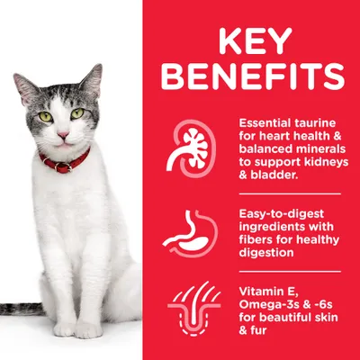 KEY BENEFITS. Essential taurine for heart health & balanced minerals to support kidneys & bladder. Easy-to-digest ingredients with fibers for healthy digestion. Vitamin E, Omega-3s & -6s for beautiful skin & fur. Az angol szöveg a képen szerepel.