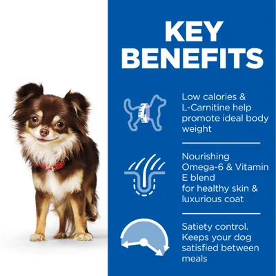 Key benefits: low calories and L-Carnitine for ideal body weight, Omega-6 and Vitamin E blend for healthy skin and coat, satiety control to keep dog satisfied between meals.