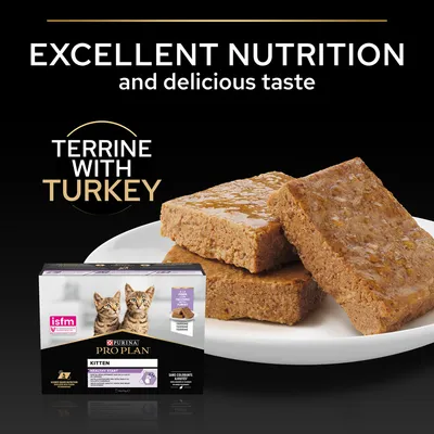 Purina Pro Plan Kitten Terrine with Turkey. Text: Excellent nutrition and delicious taste. ISFM logo visible. Image shows terrine slices on a plate and product packaging with two kittens.