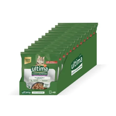 Ultima Expert Nutrition kattenvoer, verpakking met 48 zakjes. Op de voorkant: afbeelding van een kat, tekst 'STERILIZZATI/STERILIZED', 'PALLINE DI PELO', zonder kunstmatige kleurstoffen.