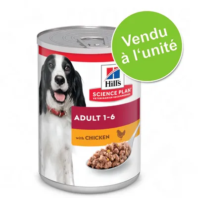 Boîte Hill's Science Plan ADULT 1–6 with CHICKEN, image de chien, texte 'Vendu à l'unité' sur pastille verte, pâtée visible dans une cuillère.