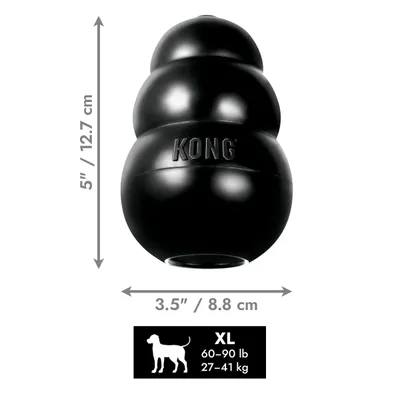 KONG XL, mere: 12,7 cm višine, 8,8 cm širine. Primerno za pse s telesno težo od 27 do 41 kg (60–90 lb). KONG XL, mere: 12,7 cm višine, 8,8 cm širine. Primerno za pse s telesno težo od 27 do 41 kg (60–90 lb).