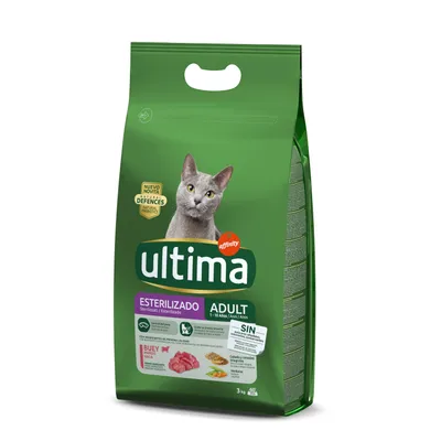 Sac de croquettes pour chat Ultima Sterilizado Adult, bœuf, 3 kg. Texte visible : défenses naturelles, prébiotiques, sans colorants ni sucres ajoutés. Marque affinity.