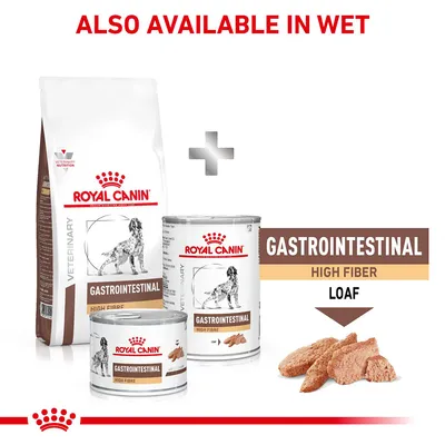 Gastrointestinal high fibre food available in both dry and wet loaf forms. Image shows packaging for both types with text: 'Also available in wet' and 'Gastrointestinal high fiber loaf'.