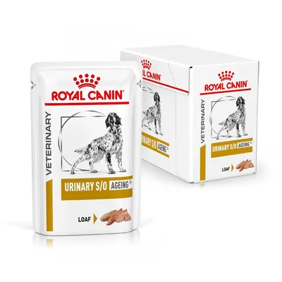 ROYAL CANIN VETERINARY URINARY S/O AGEING 7+ LOAF dog food pouch and box, showing product name, dog image, and loaf texture illustration. Visible text: VETERINARY, URINARY S/O AGEING 7+, LOAF.
