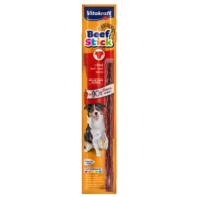 Vitakraft Beef Stick, goveđi štapić za pse, natpisi: +Rind beef, sugar free recipe, >90% Fleisch meat, extra vitamine, bez umjetnih boja i konzervansa. Slika psa na pakiranju.