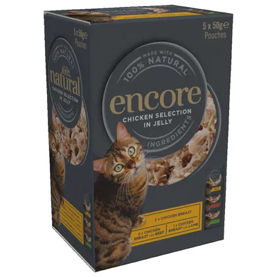 Embalagem de comida para gato encore Chicken Selection in Jelly, 5 saquetas de 50 g. Inclui: 2x peito de frango, 2x peito de frango com vaca, 1x peito de frango com borrego.
