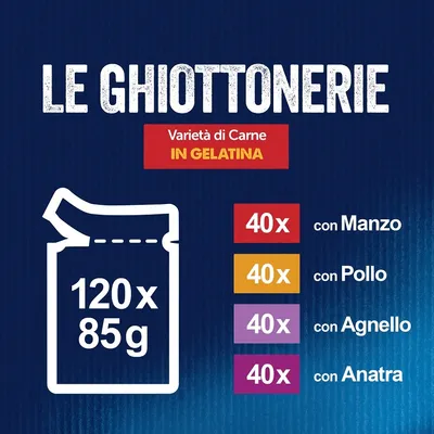 Le Ghiottonerie Varietà di Carne in Gelatina, 120 bustine da 85 g: 40 con manzo, 40 con pollo, 40 con agnello, 40 con anatra.