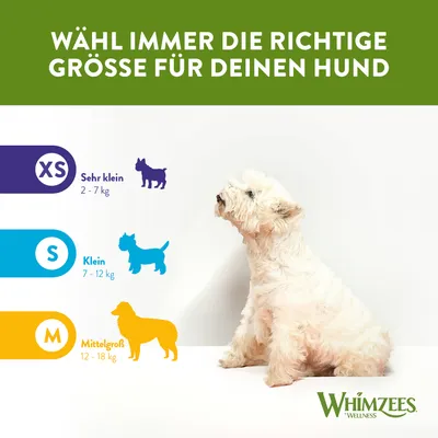 Grössentabelle für Hund: XS sehr klein 2-7kg, S klein 7-12kg, M mittelgross 12-18kg. Text: Wähl immer die richtige Grösse für deinen Hund. Whimzees Wellness Logo sichtbar.