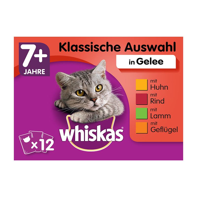 Συσκευασία Whiskas 7+ Jahre Klassische Auswahl in Gelee, 12 φακελάκια. mit Huhn, mit Rind, mit Lamm, mit Geflügel. Κείμενο στα γερμανικά.