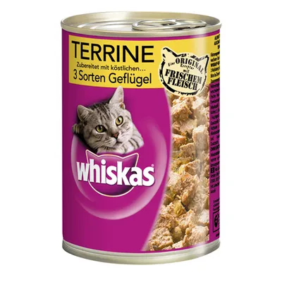 Whiskas Terrine 3 Sorten Geflügel -kissanruokapurkki, saksankielinen teksti: valmistettu tuoreesta lihasta, näkyvissä kissan kuva ja ruoan koostumus purkin läpi.