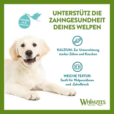 Unterstützt die Zahngesundheit von Welpen ab 3 Monaten. Kalzium für starke Zähne und Knochen, weiche Textur sanft zu Welpenzähnen und Zahnfleisch. Marke: Whimzees Wellness.