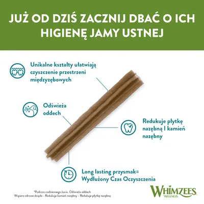 Przysmak Whimzees Wellness; unikalne kształty ułatwiają czyszczenie przestrzeni międzyzębowych, odświeża oddech, redukuje płytkę nazębną i kamień, wydłużony czas oczyszczenia.