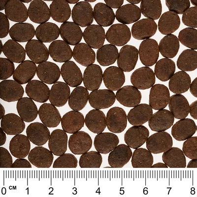 Granule rotunde de hrană uscată, maro, prezentate pe fundal alb cu riglă metrică jos pentru a indica dimensiunea fiecărei granule, între 1 și 2 cm diametru.